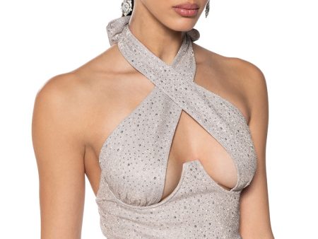 AURORA RHINSTONE SHINE HALTER TOP For Sale