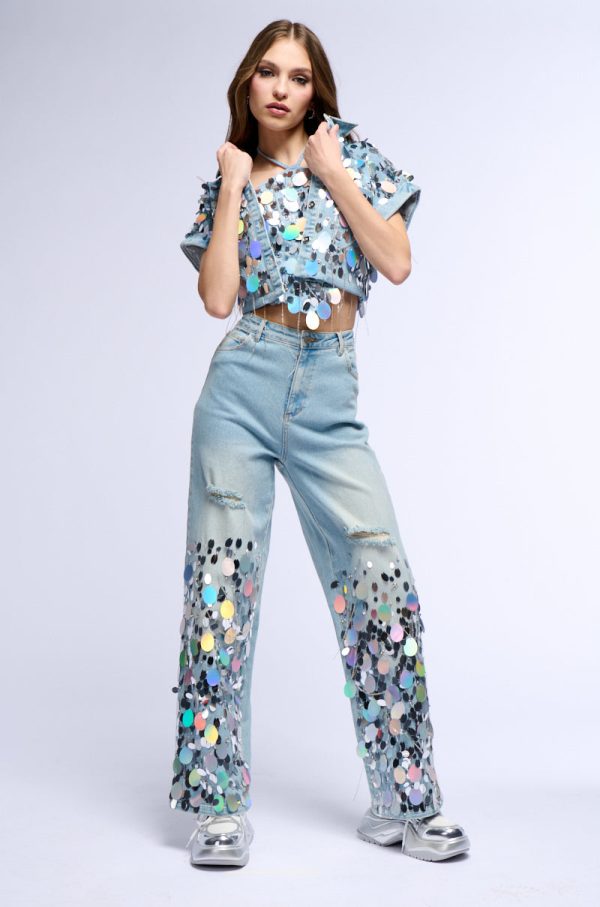 A GIRL NAMED LUCKY EMBELLISHED WIDE LEG RIPPED JEANS Online Sale