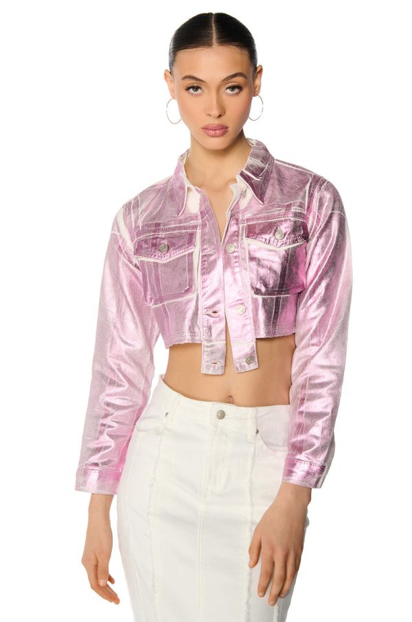 AUBREY BRUSHED METALLIC CROPPED DENIM JACKET IN PINK For Sale