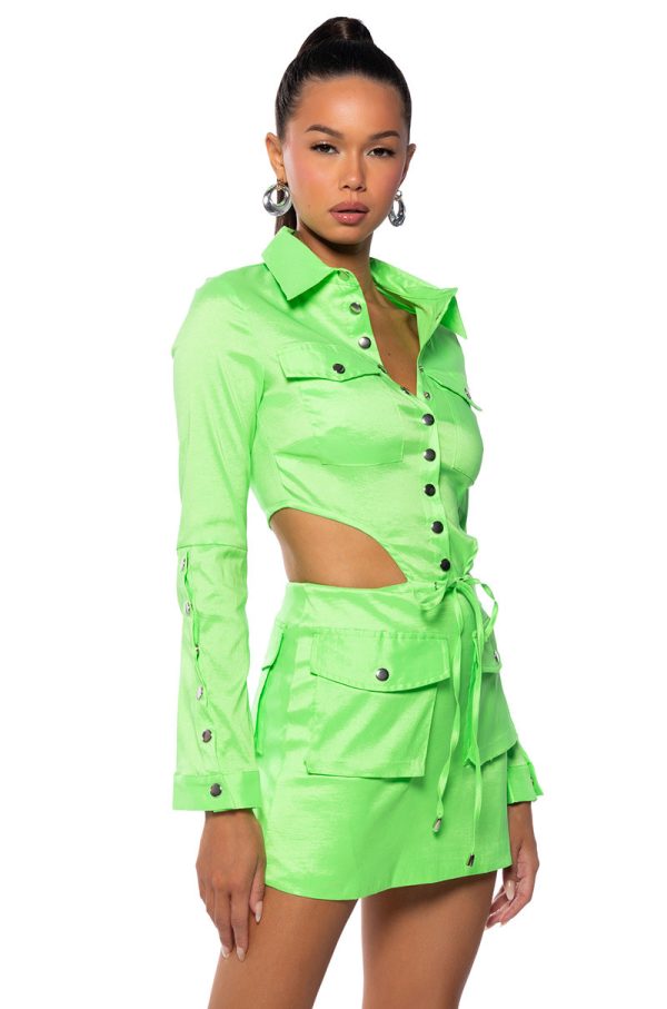 ARIELLE OPEN BACK CARGO MINI DRESS IN LIME on Sale